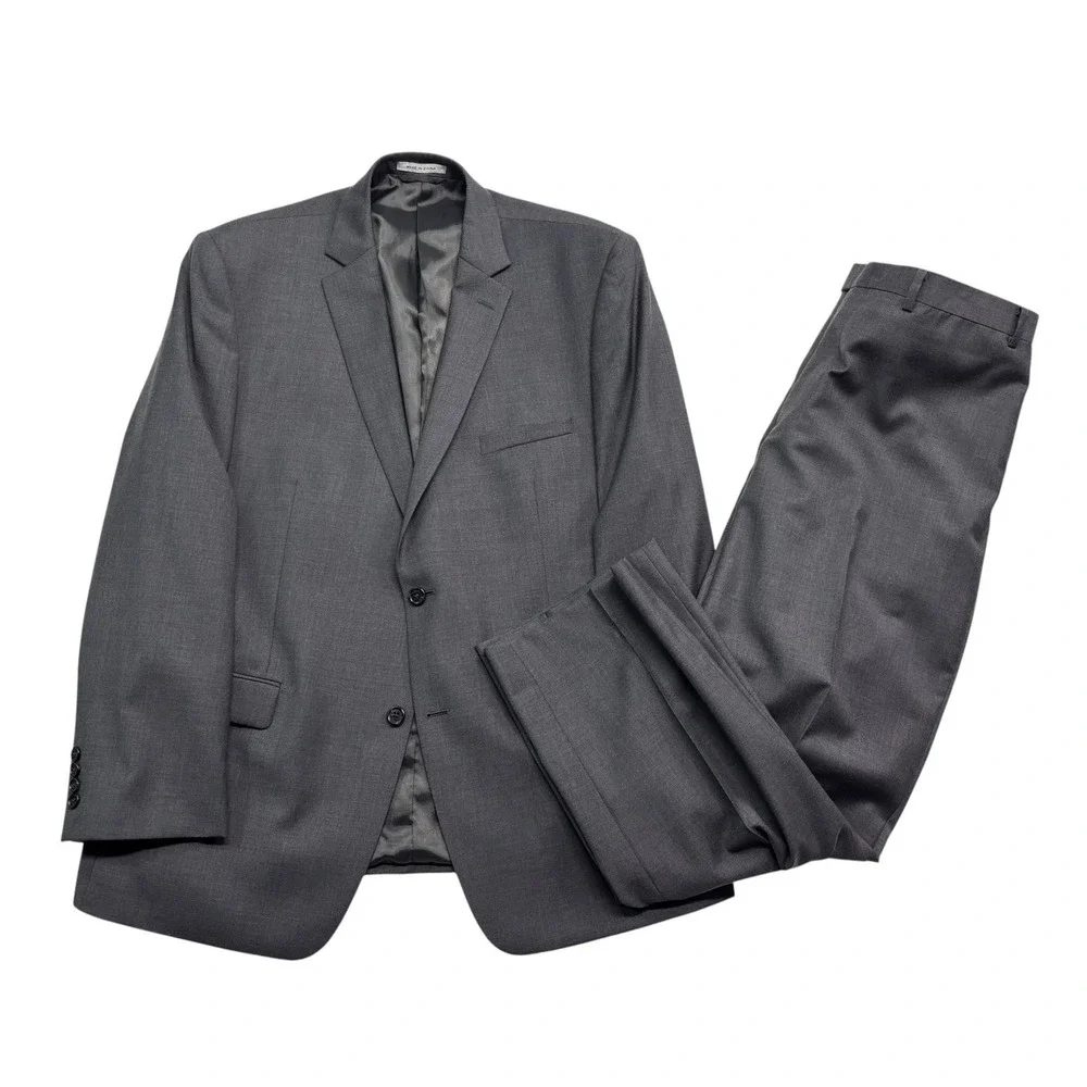 Joseph Abboud 46R 38x32 Gray 2pc Pant Suit 100% Wool Flat Front Two Button Mens